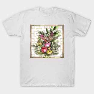 Pretty watercolor and ink roses with a chinese lattice T-Shirt